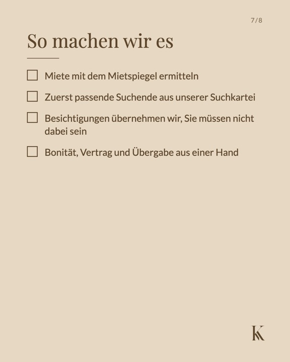 So machen wir es: Mietspiegel, Suchkartei, Besichtigungen, Bonität, Vertrag und Übergabe aus einer Hand